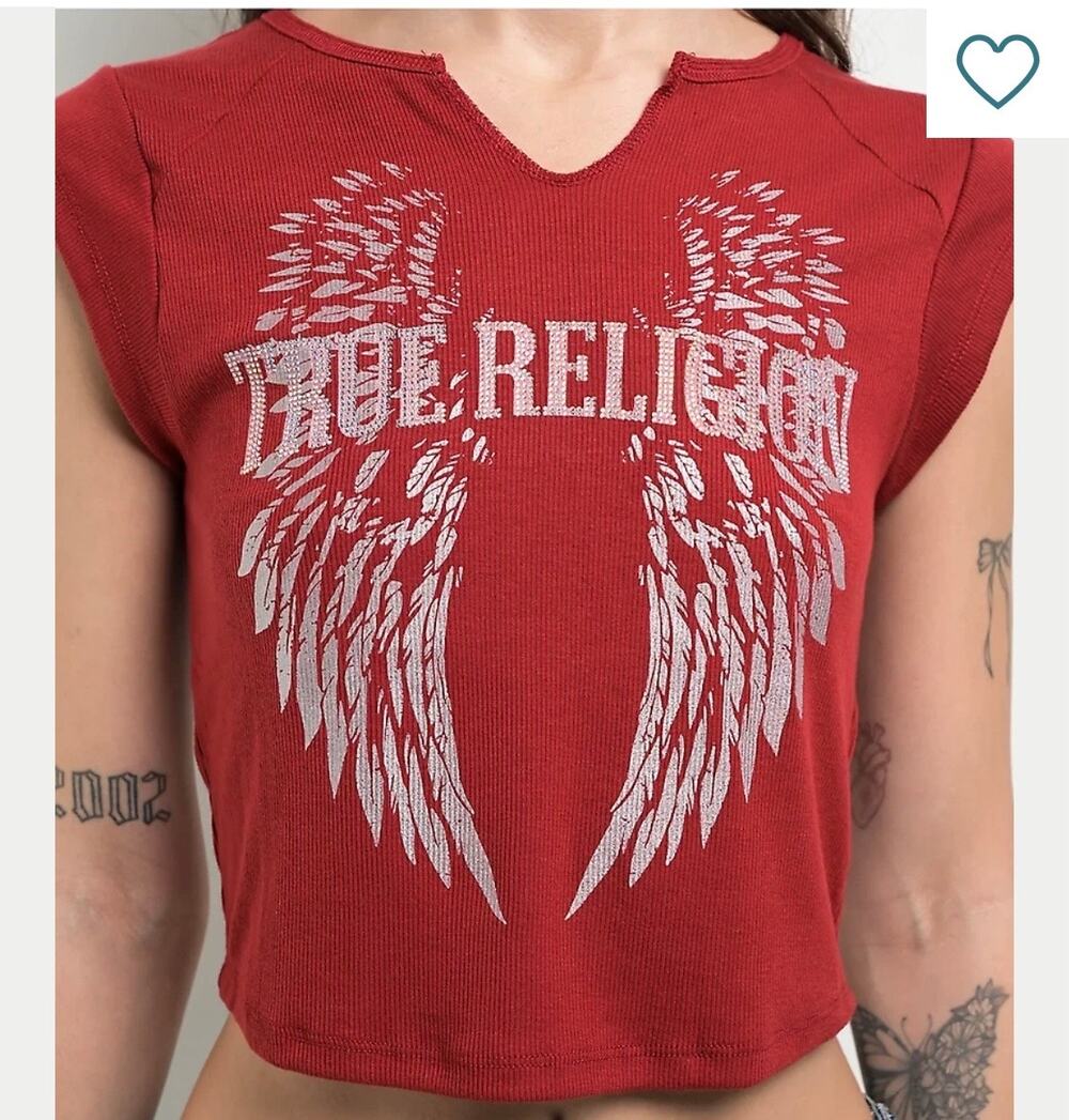 True Religion Crystal Logo Winged Notch Rib Crop T-Shirt sz L